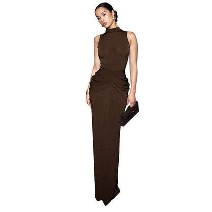 Women's Mock Neck Sleeveless Ruched Bodycon Maxi Dress