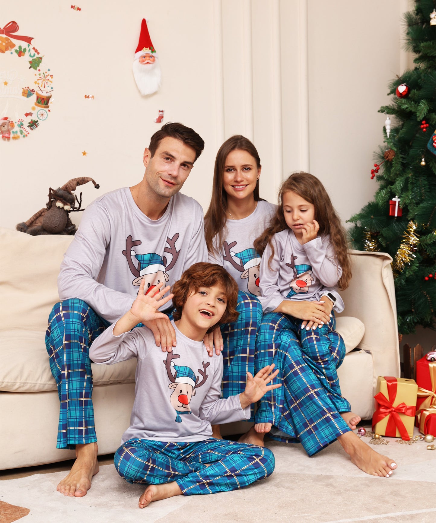 Plaid Cartoon Deer Christmas Parent-child Outfit Printed Christmas Pajamas