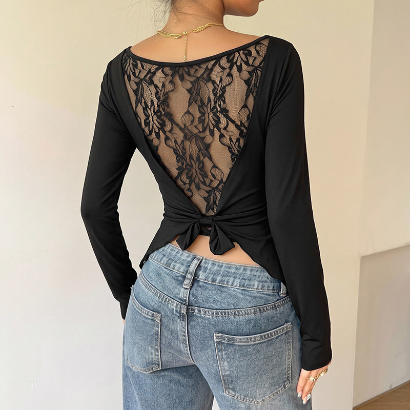 Lace Back Bow Top Boat Neck Long Sleeve Slim Fit