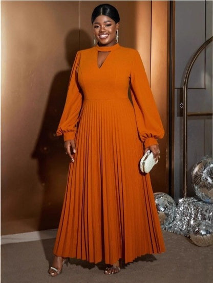 Plus Size Pleated Maxi Dress Lantern Sleeve Mock Neck
