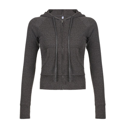 Y2K Ribbed Zip-Up Hoodie Cropped Slim Fit Streetwear