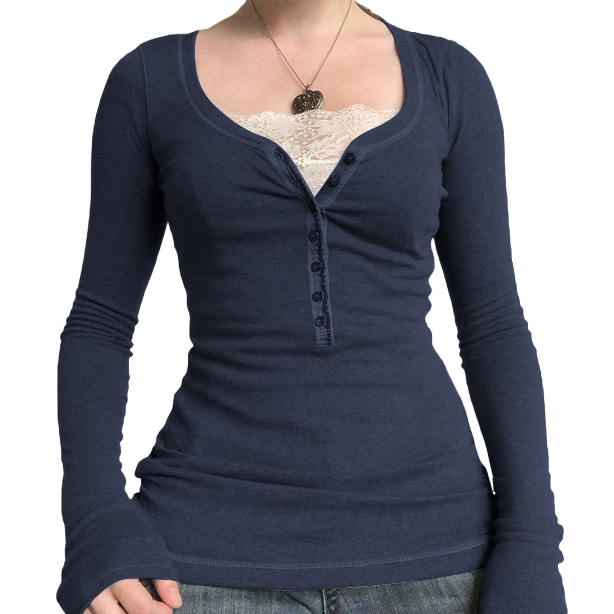 Women's Cotton Lace Trim Henley Long Sleeve Fitted Top