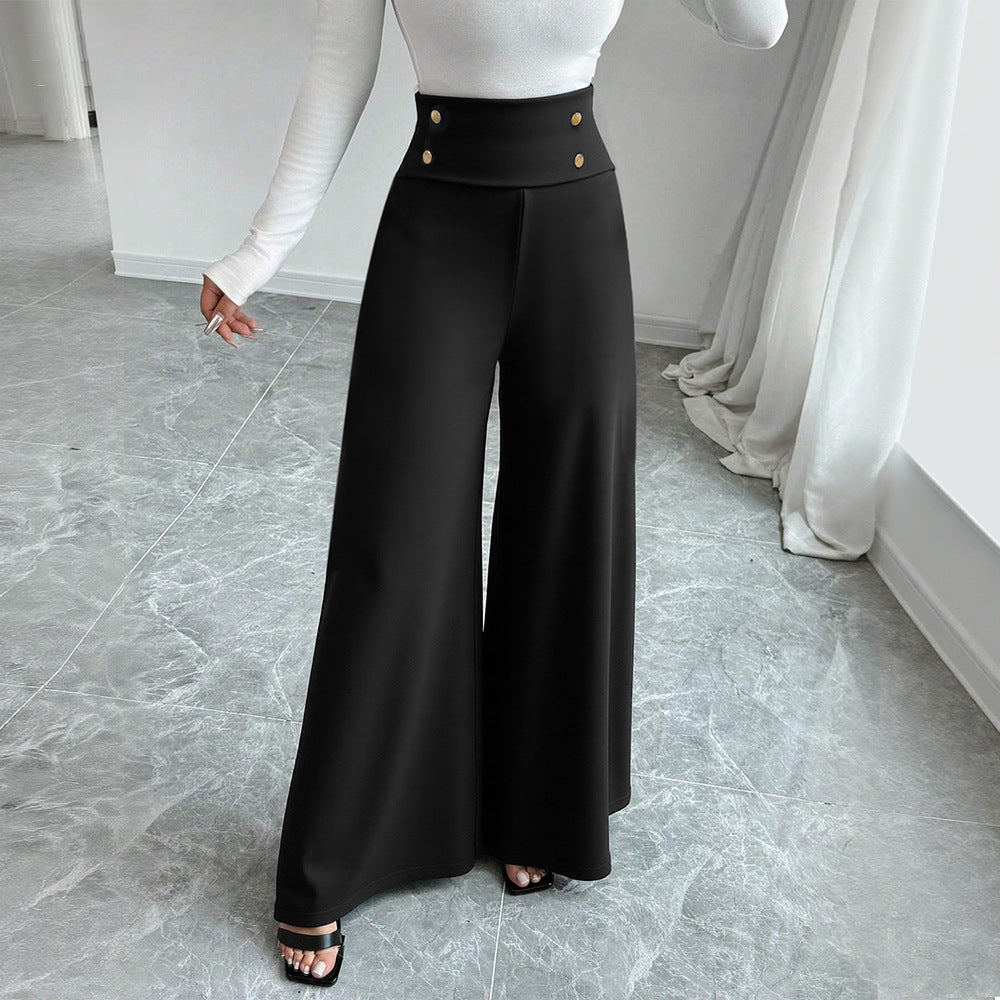 Black High Waist Wide Leg Pants Button Trousers