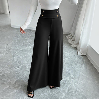 Black High Waist Wide Leg Pants Button Trousers