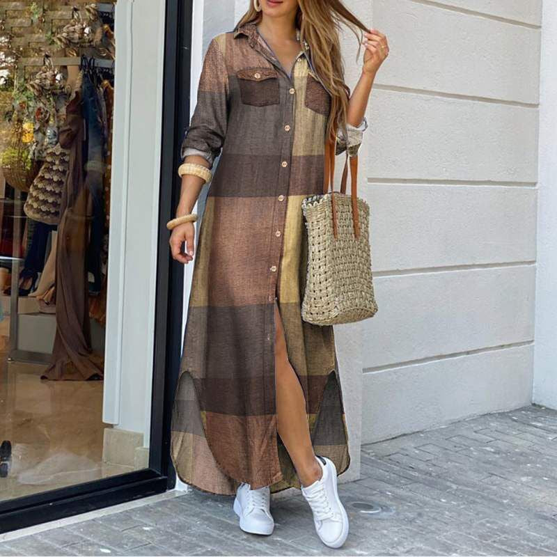 Women's Long Sleeve Button Down Printed Maxi Shirt Dress