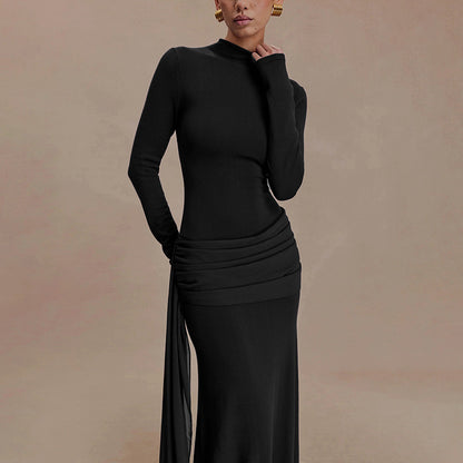 Mock Neck Long Sleeve Ruched Bodycon Maxi Dress