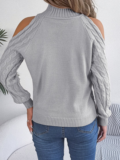 2025 Fall Winter Off-Shoulder Cable Knit Turtleneck Sweater