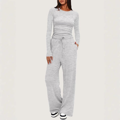 Women's Ruched Long Sleeve Top Wide Leg Pants Lounge Set
