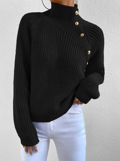 Women's Mock Neck Button Ribbed Pullover Sweater
