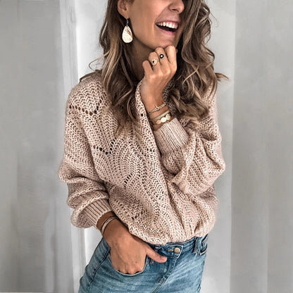 Women's Oversized Pointelle Crewneck Pullover Sweater