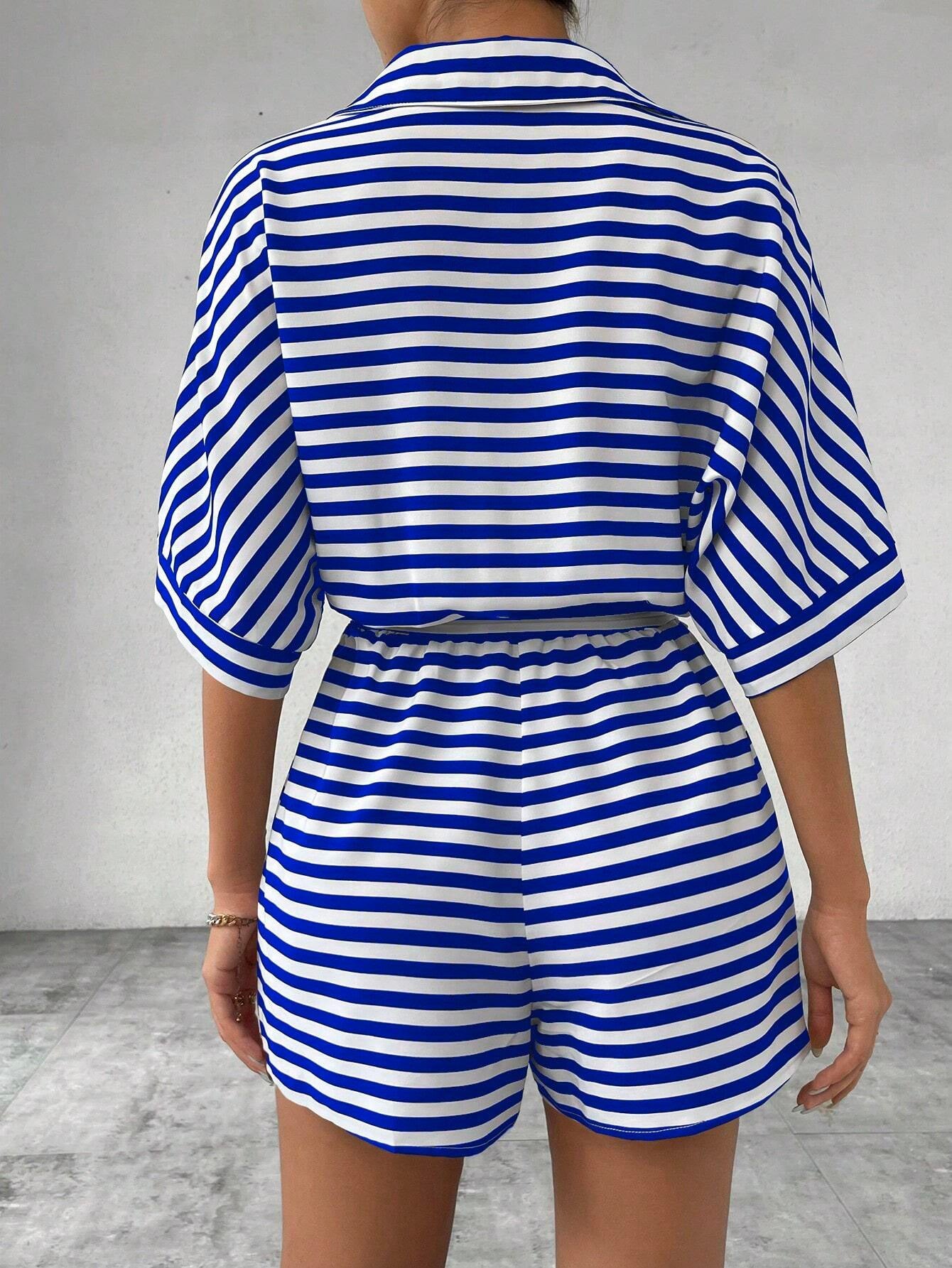 Striped Belted Button Down Romper with Half Sleeves