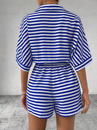 Striped Belted Button Down Romper with Half Sleeves