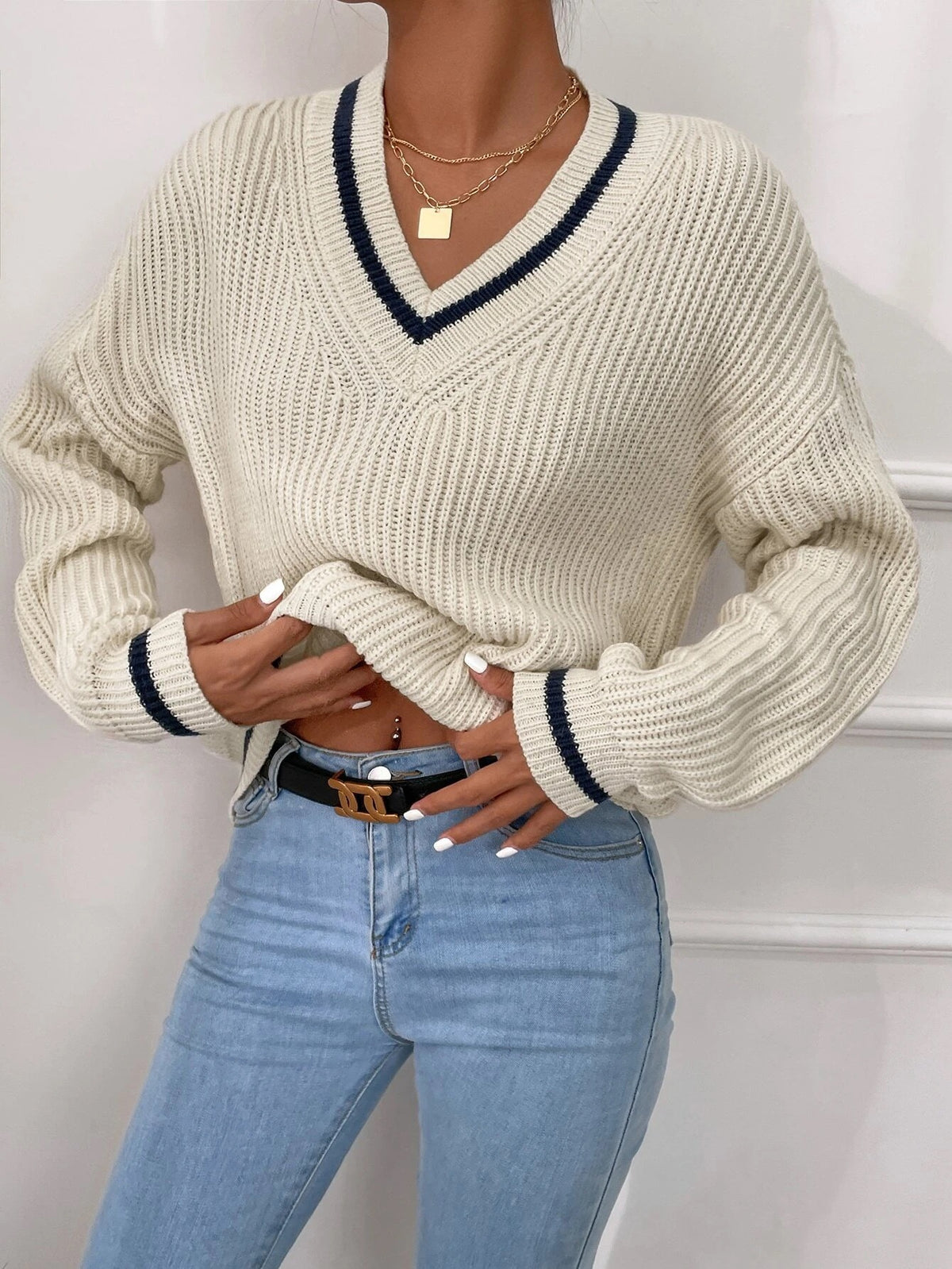 Women's Oversized V-Neck Chunky Knit Sweater Color Block