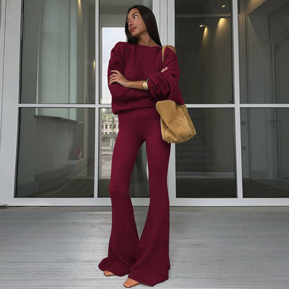 One Shoulder Fleece Top and Flare Pants Set