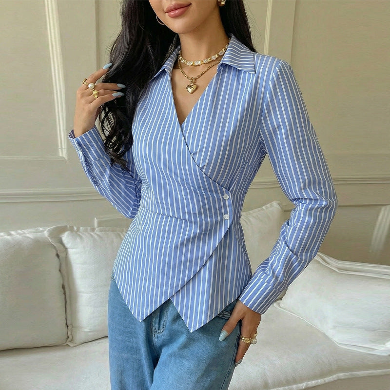 Women's Striped Wrap Blouse Asymmetric Hem Work Top