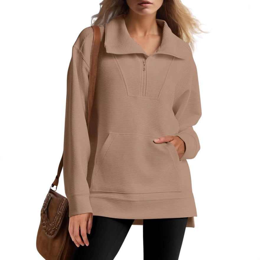 Women's Oversized Half Zip Collar Sweatshirt Asymmetric Hem