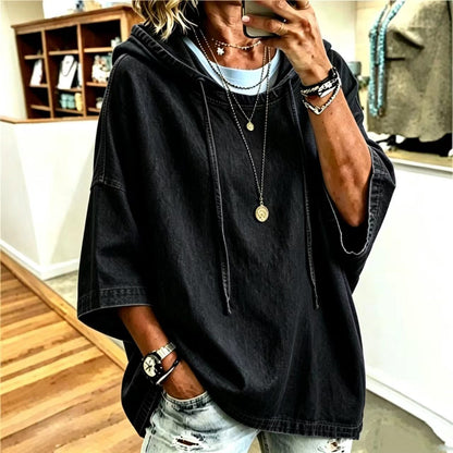 Women's Oversized Denim Hoodie Batwing Sleeve Top