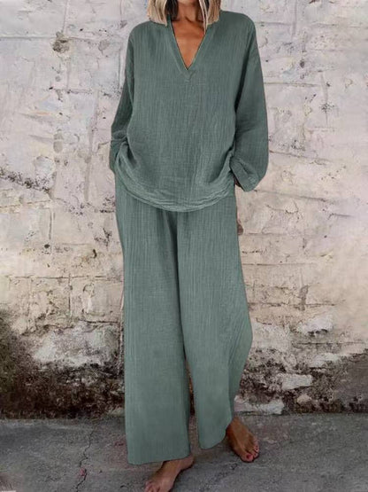 Women's Solid V Neck Wide Leg Pants Casual Two Piece Set