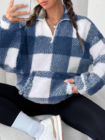 Women's Plaid Sherpa Quarter Zip Fleece Sweatshirt