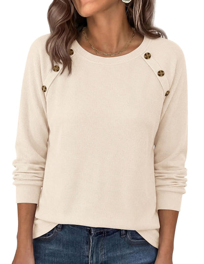 Waffle Knit Button Henley Top Crew Neck Long Sleeve Tee