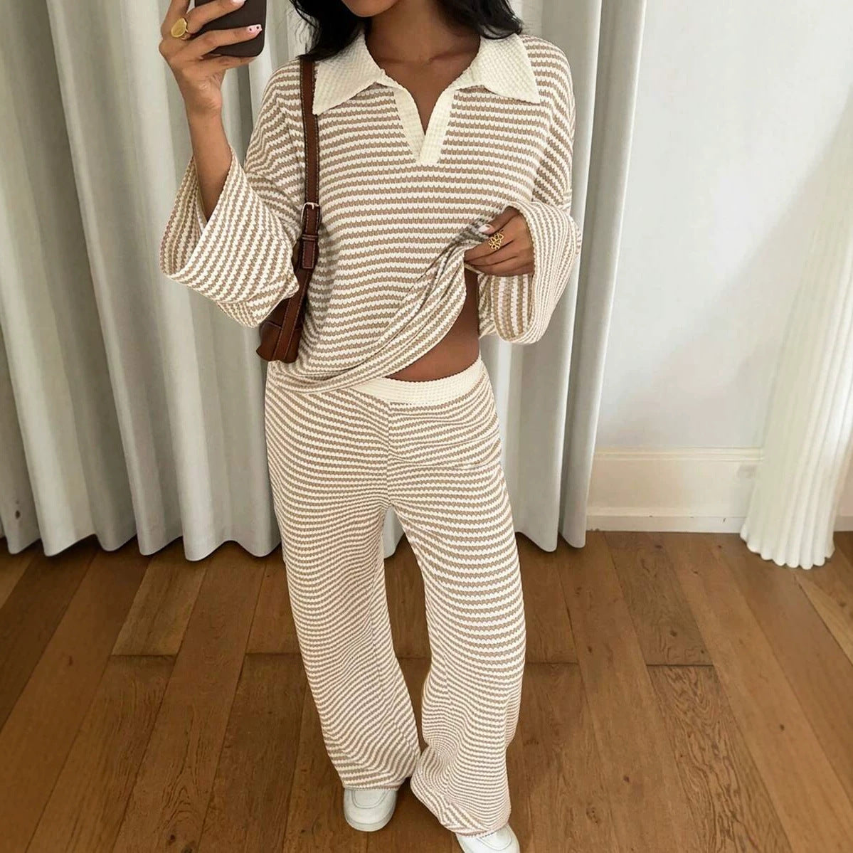 Striped Collared Knit Lounge Set Wide Leg Pants Set