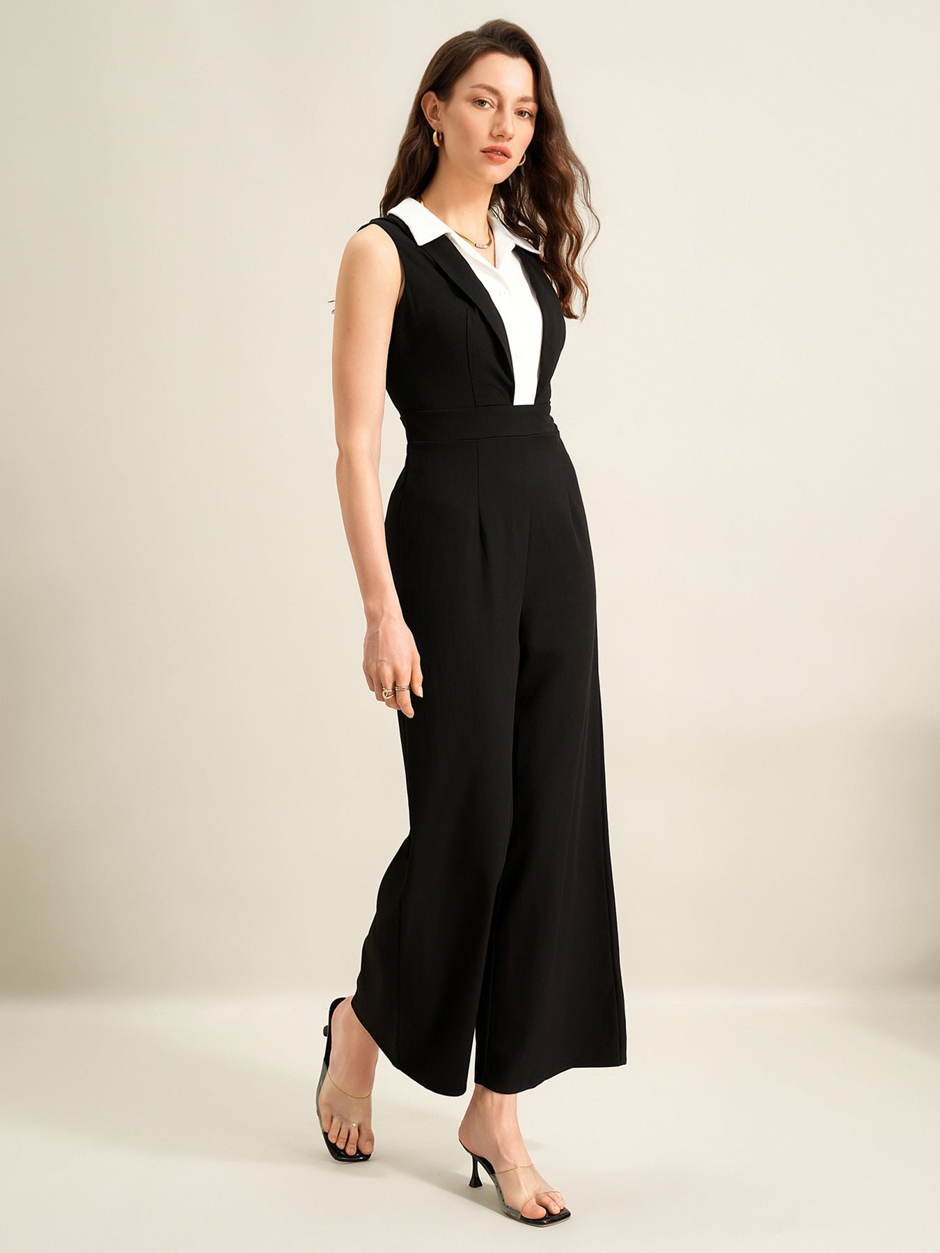 Black White Sleeveless Jumpsuit Elegant Work Outfit