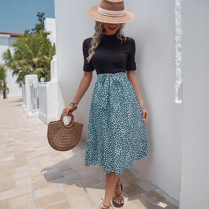 Color Block Leopard Print A-Line Midi Dress with Belt