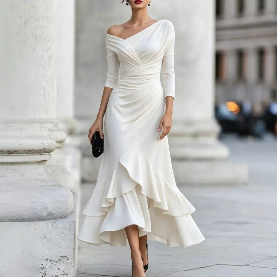 Off Shoulder V Neck Ruched Ruffle Midi Dress Long Sleeve
