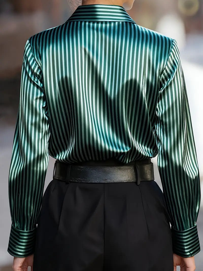 Women's Striped Satin Button Down Blouse Long Sleeve