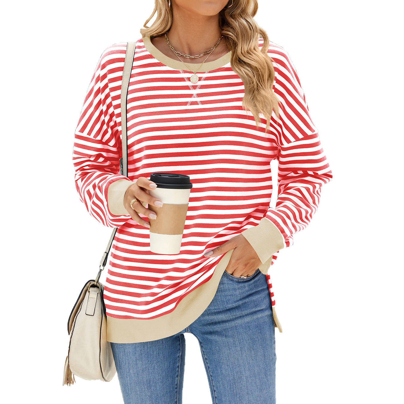 Oversized Striped Sweatshirt Contrast Trim Side Slit Top