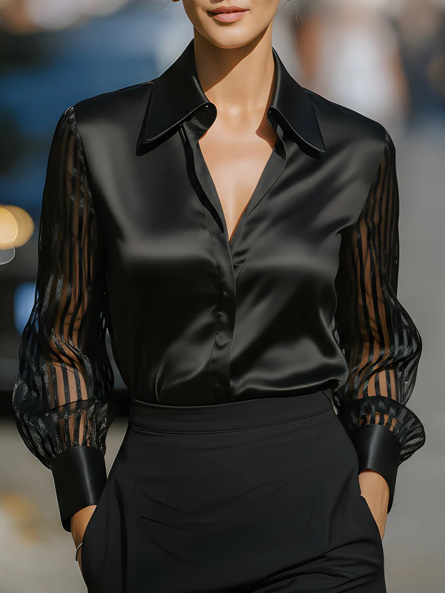 Women's Satin Blouse Sheer Bishop Sleeve Button Up Top