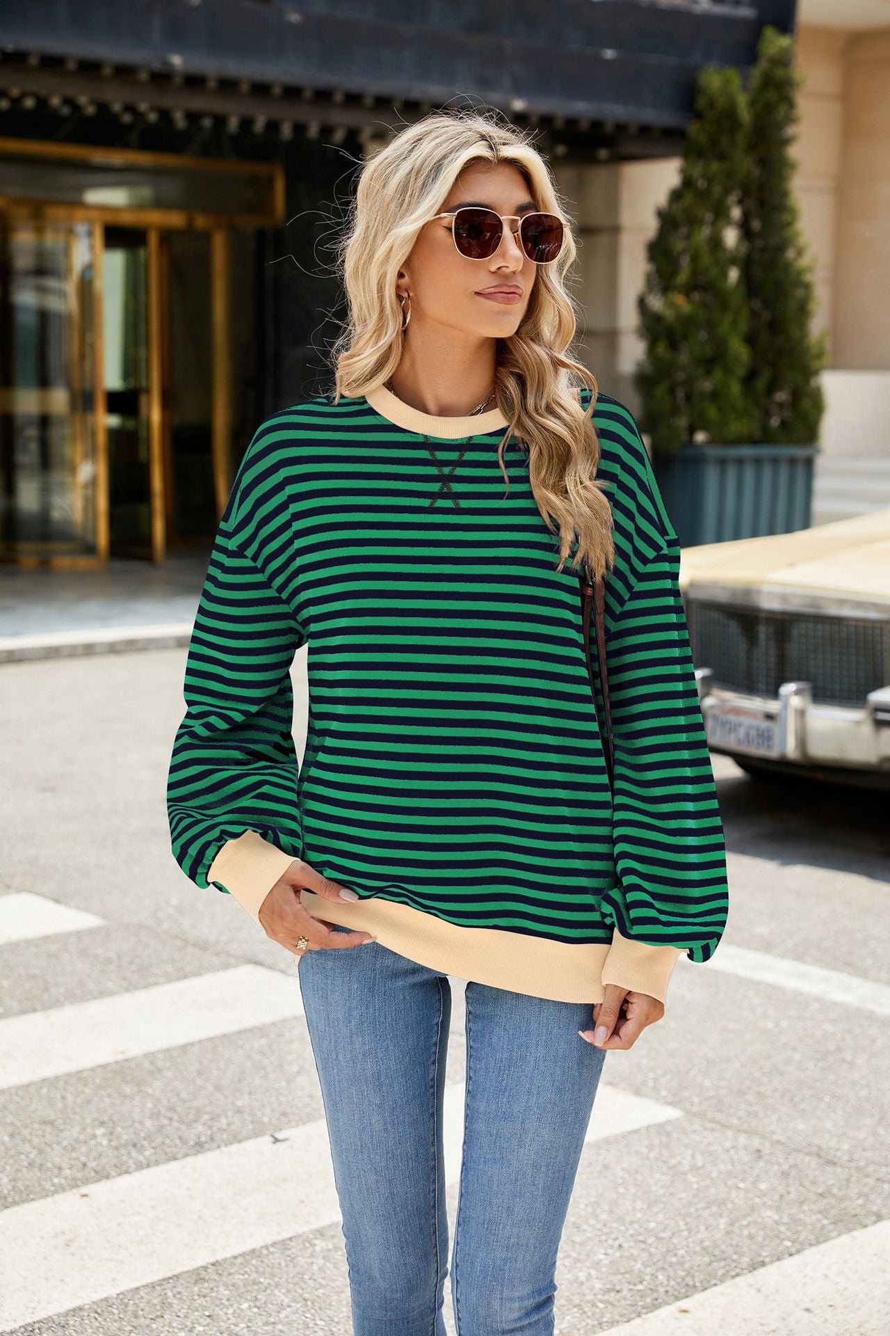 Striped Color Block Crew Neck Loose Fit Long Sleeve Sweatshirt