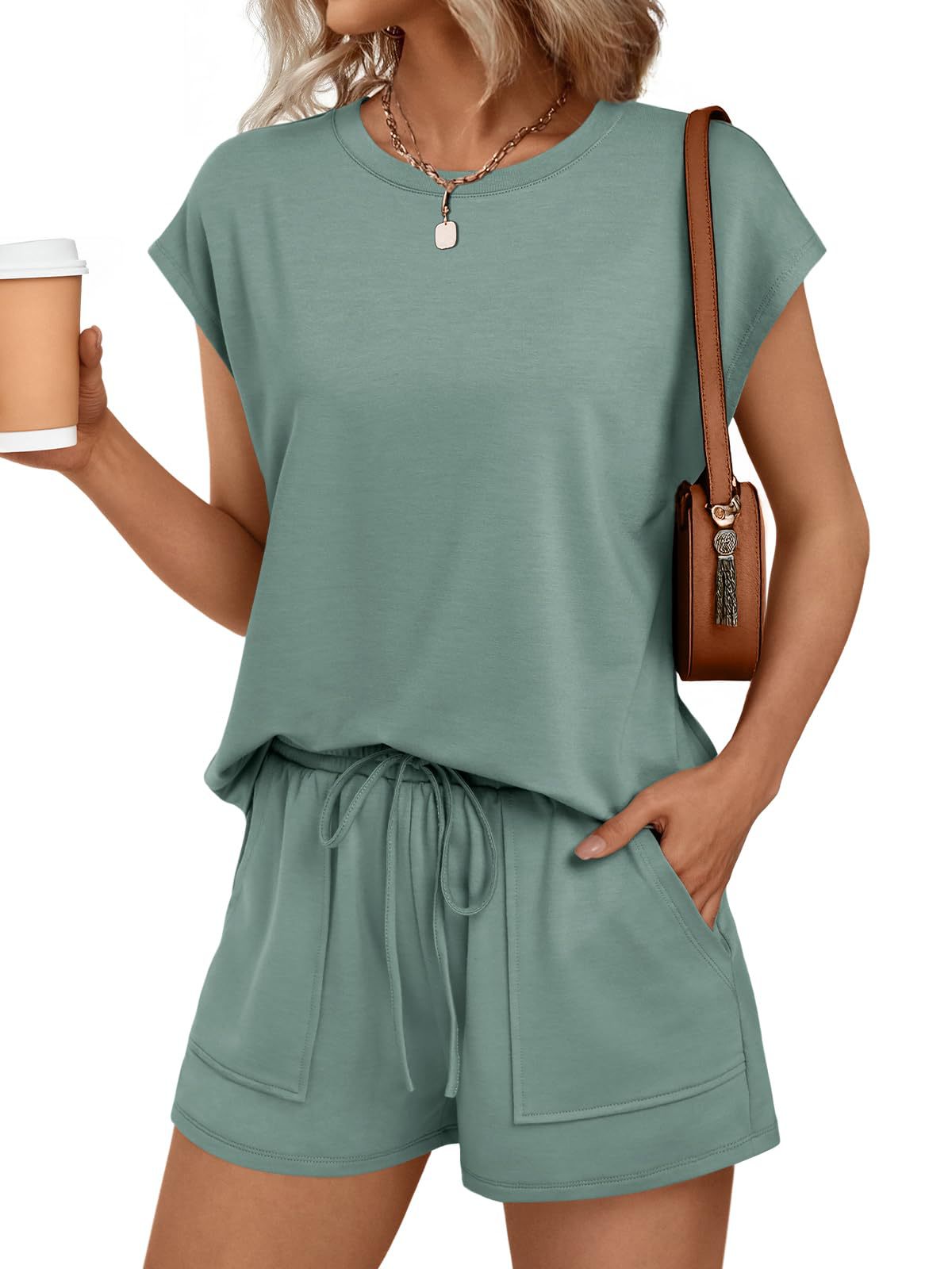 Solid Knit Shorts Set Crew Neck Pocket Lounge Outfit