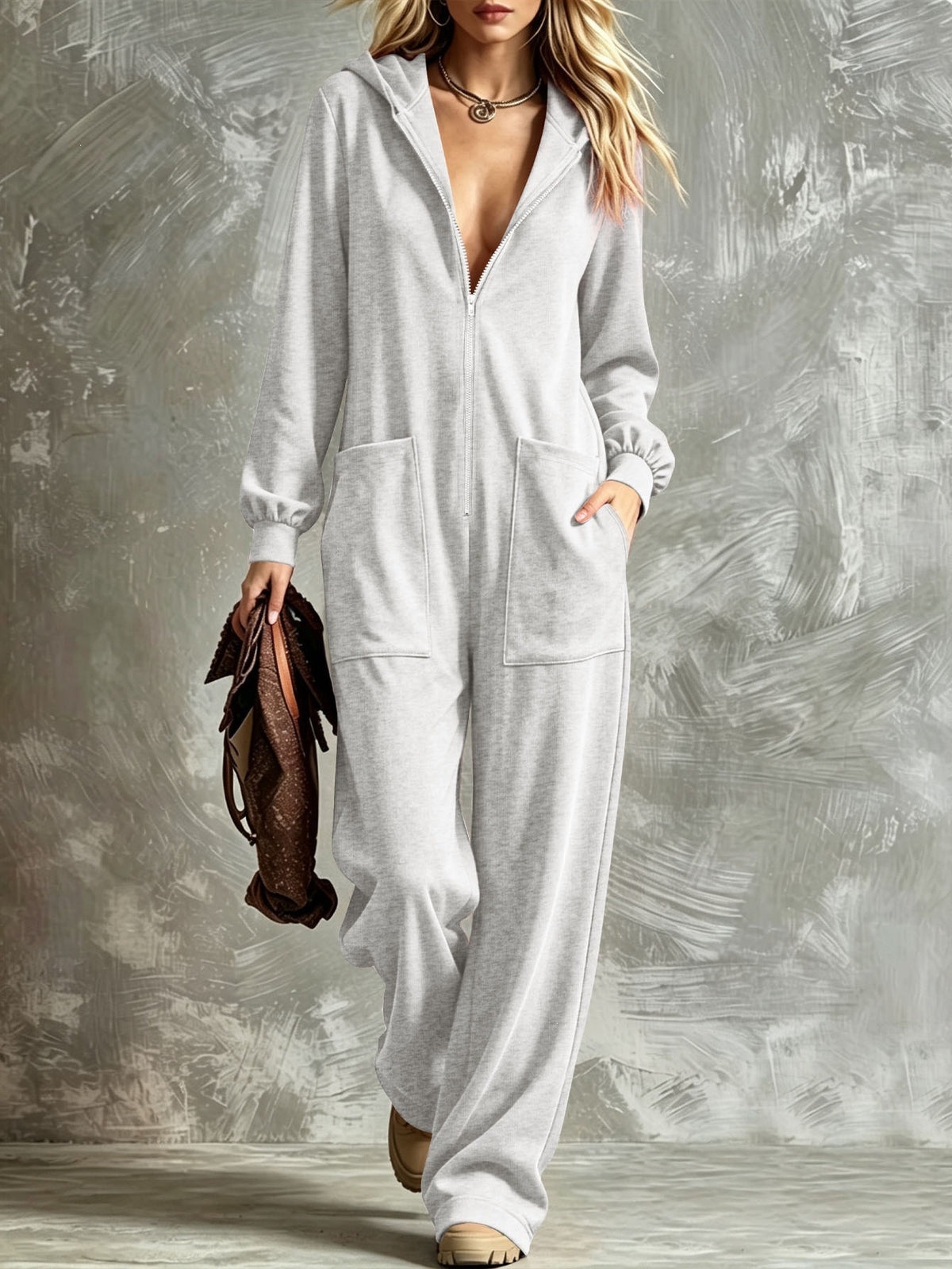 Women's Oversized Hooded Zip-Up Lounge Jumpsuit