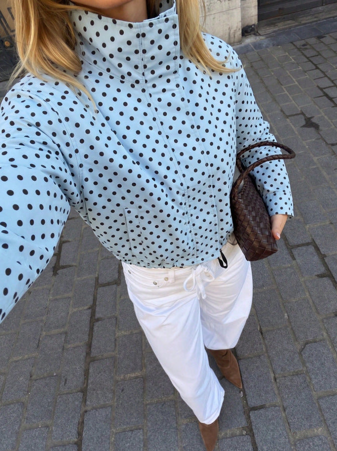 Polka Dot Zip Jacket Stand Collar Pocket Loose Coat