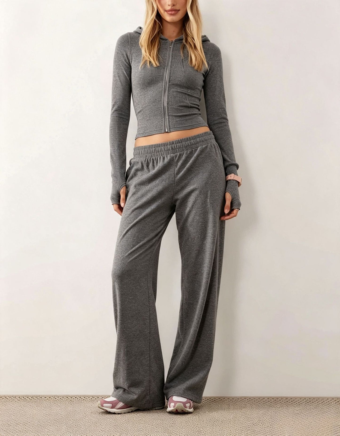 Women's Cropped Zip Hoodie & Wide Leg Pants Lounge Set