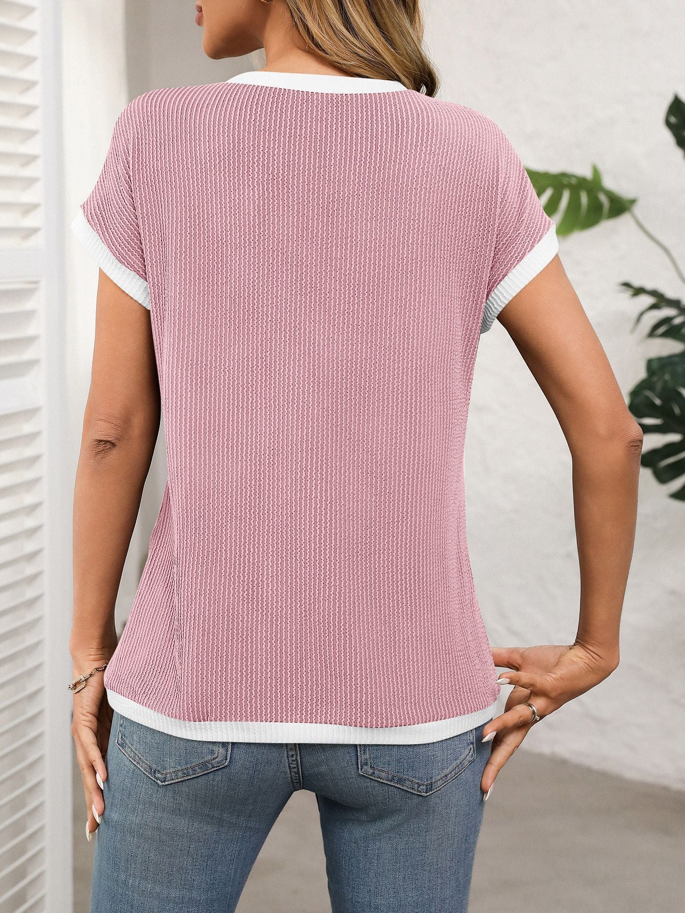 Women's Ribbed Color Block Pocket Tee Short Sleeve