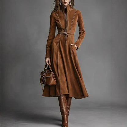 Vintage Faux Suede Long Sleeve Belted Zip Front Maxi Dress