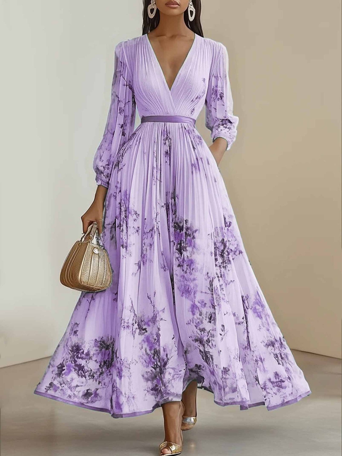 Floral Pleated V-Neck Long Sleeve Maxi Dress
