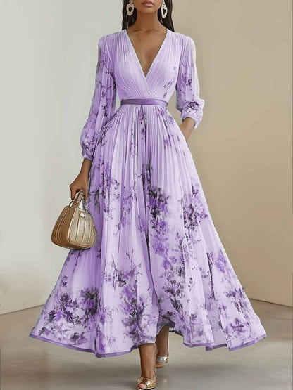 Floral Pleated V-Neck Long Sleeve Maxi Dress