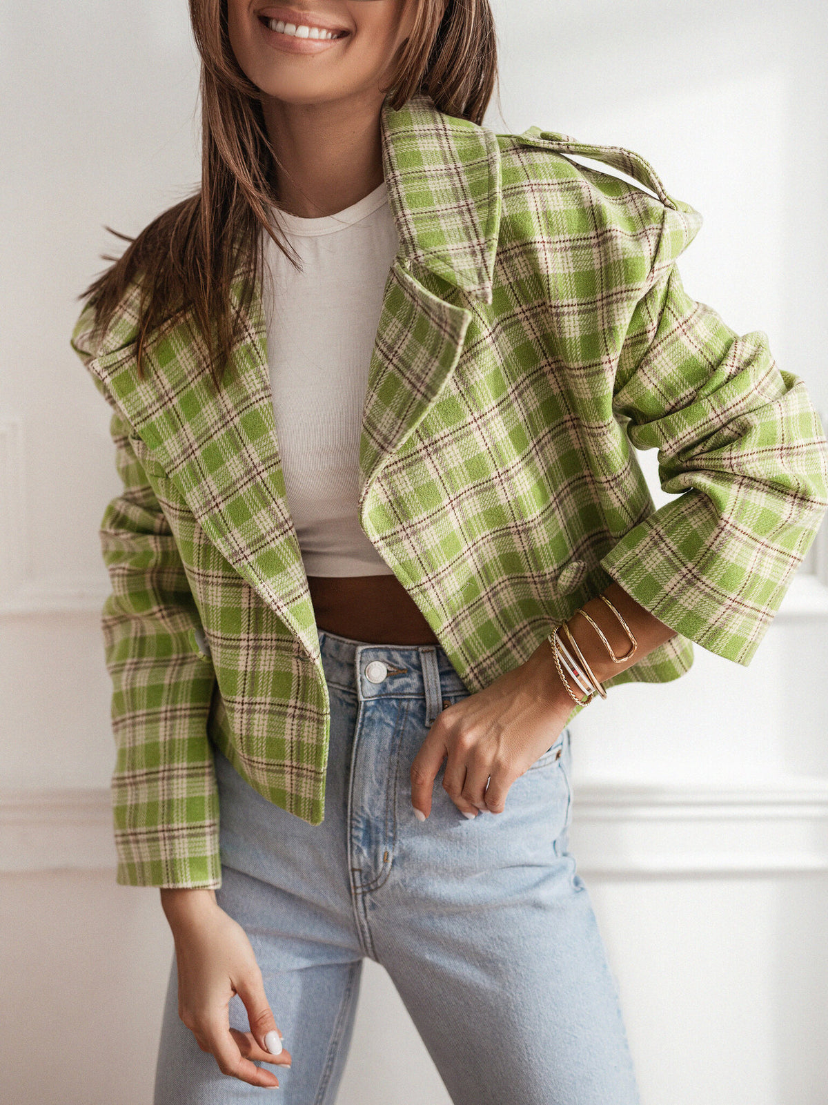 Women's Cropped Plaid Double Breasted Blazer