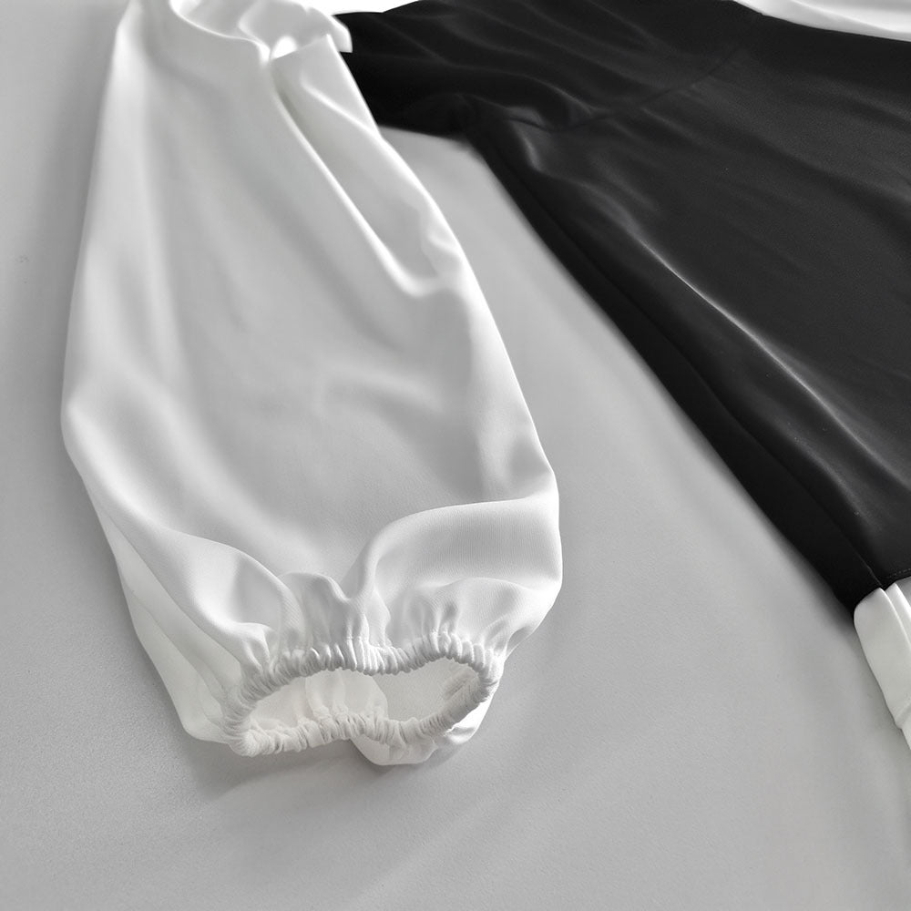 Black White Square Neck Puff Sleeve Ruffle A-Line Dress