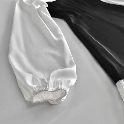 Black White Square Neck Puff Sleeve Ruffle A-Line Dress