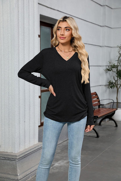 Women's V-Neck Long Sleeve Oversized Tunic Top Shirred