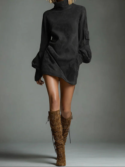 Women's Faux Suede Mock Neck Long Sleeve Mini Dress Pockets
