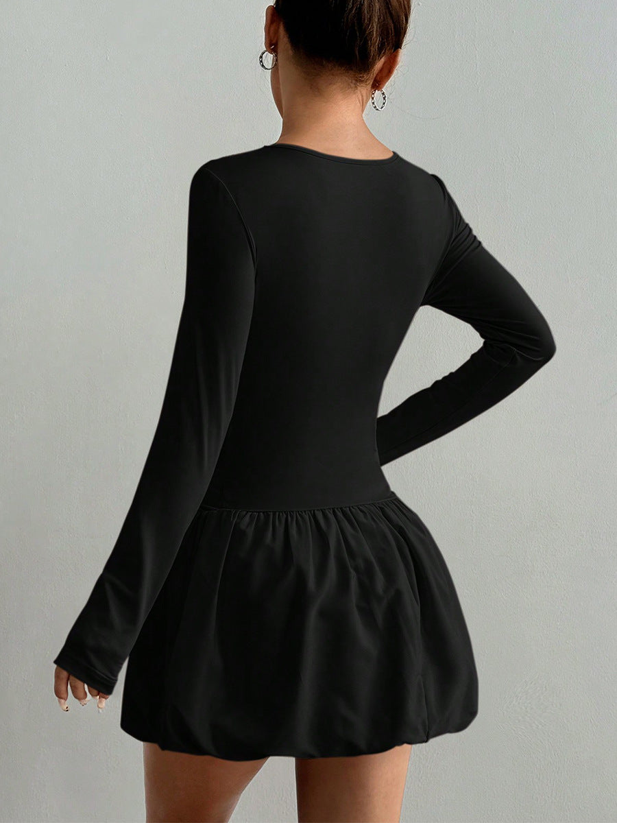 Long Sleeve Fitted Bubble Dress Ruched Waist Mini