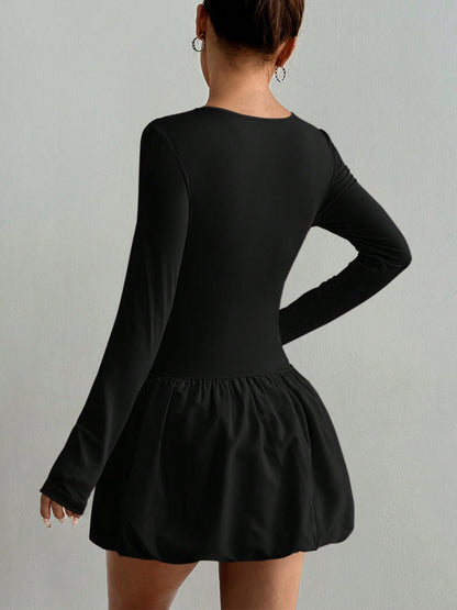 Long Sleeve Fitted Bubble Dress Ruched Waist Mini