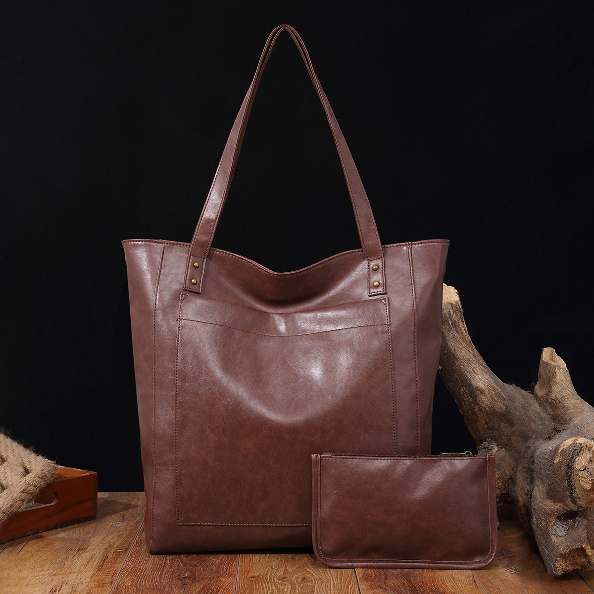 Vintage Soft Leather Tote Bag Set with Zip Pouch, Large Capacity