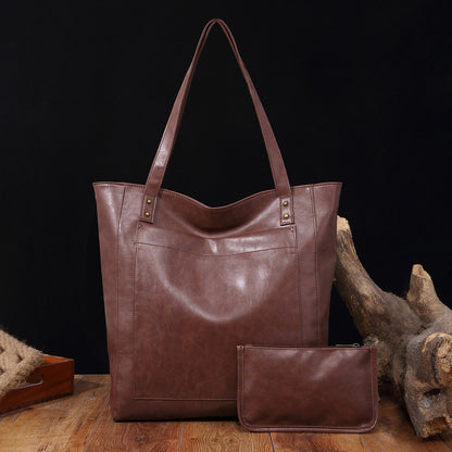Vintage Soft Leather Tote Bag Set with Zip Pouch, Large Capacity