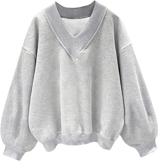 Colorblock V Neck Fleece Sweatshirt Women Casual Pullover Top